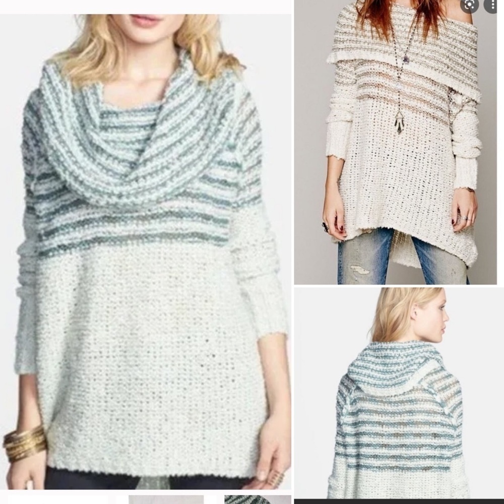 Free People Cream and Gray Striped Sweater